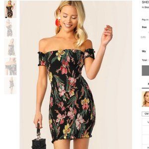 UK SHEIN Black Floral Frill Off Shoulder Bodycon